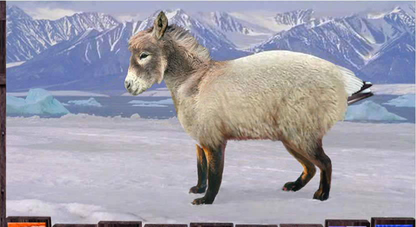 a polar bear with a donkey head, red fox legs and pelican tail standing in an Arctic landscape