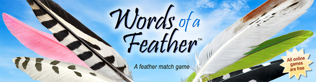 Six feathers with text: Words of a Feather - Feather match game