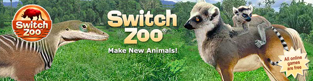 Two switcheroos with the text: Switch Zoo, Make New Animals. All online games are free.